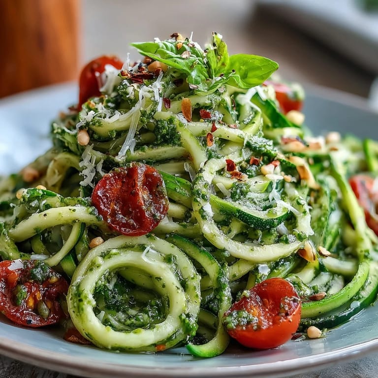 A colorful plate of raw zucchini noodles with creamy basil pesto and bright cherry tomatoes.