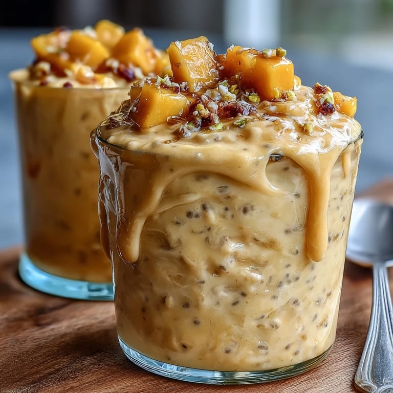 Vibrant overnight oats blended with ripe mango and cardamom, topped with diced mango and crunchy pistachios.