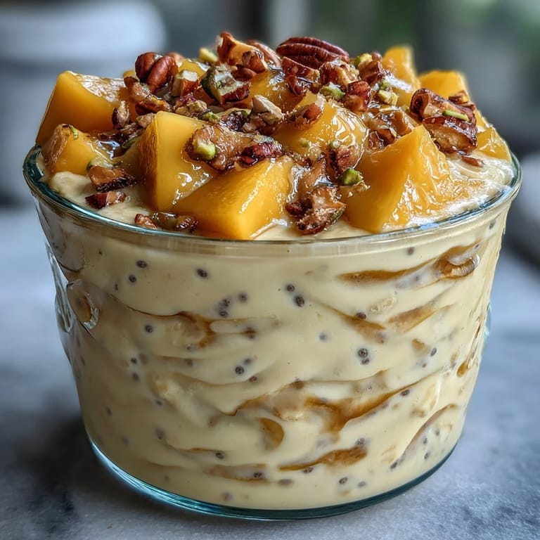Refreshing mango lassi-inspired overnight oats, combining creamy yogurt, oats, and cardamom for a healthy breakfast jar.