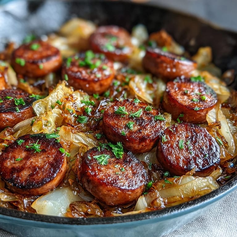 One-pan cabbage and sausage dish featuring golden sausage slices, caramelized onions, and vibrant parsley garnish.  