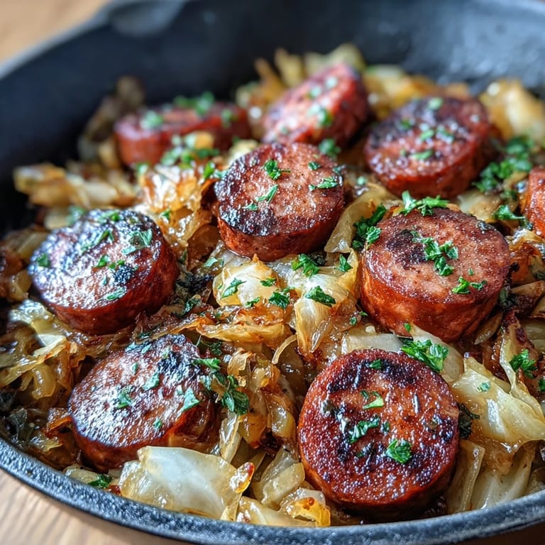 Rustic skillet meal of cabbage and sausage with hearty vegetables, mustard tang, and comforting European flavors.