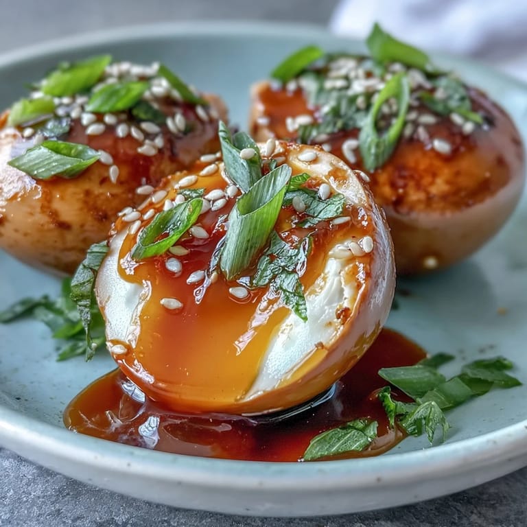 Soft-boiled eggs soaked in spicy miso marinade, offering a rich, umami-packed flavor in every bite.