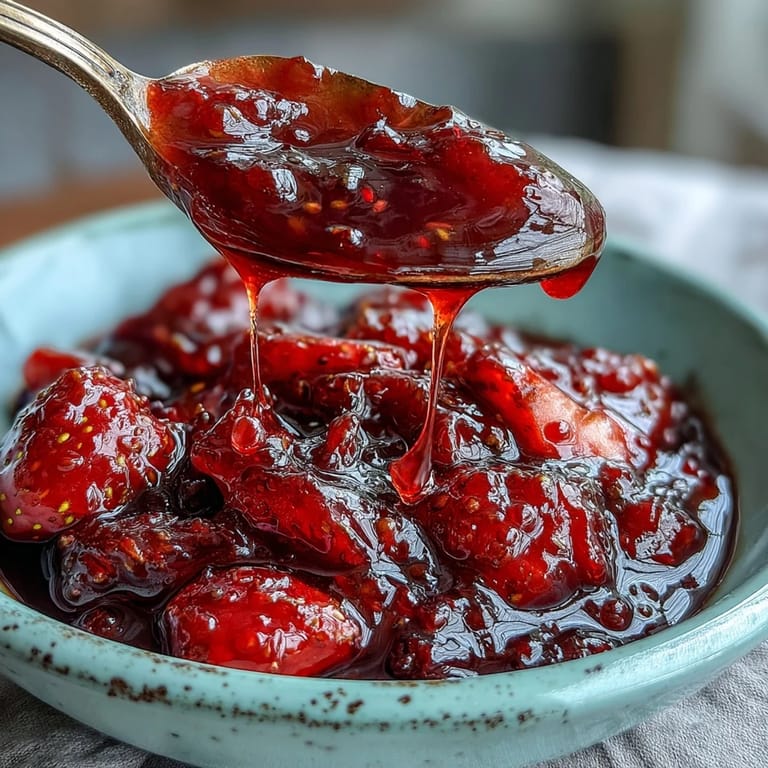 Two small jars of vibrant pink strawberry jam, crafted with care and garnished with a sprig of thyme for a rustic touch.  