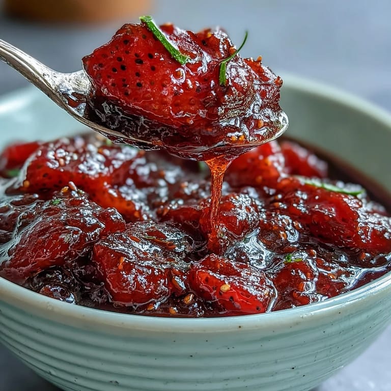 A close-up of thick, sweet cottagecore strawberry jam, spread on warm bread, capturing the nostalgic charm of homemade preserves.