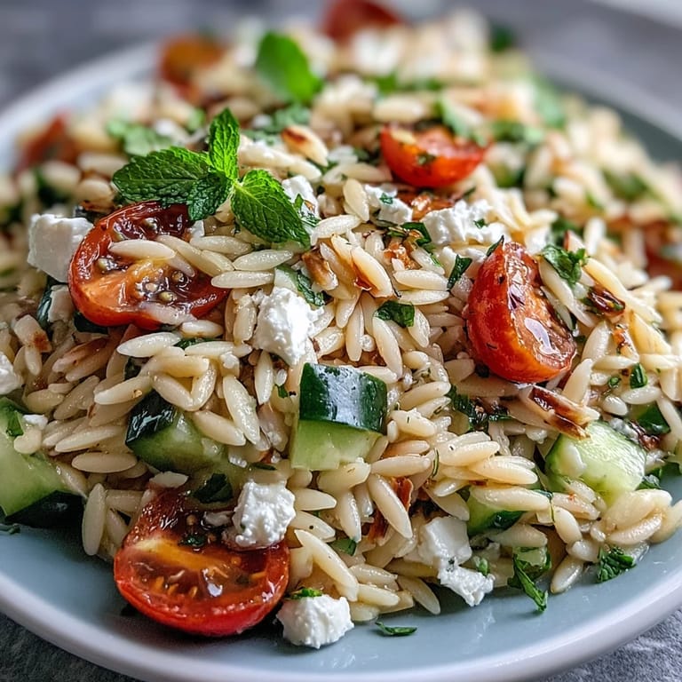 Cool orzo salad featuring crisp cucumber, feta, and bright lemon dressing.