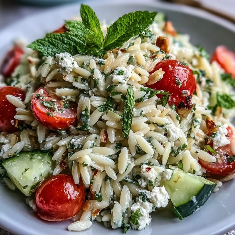 Refreshing orzo salad with feta, tomatoes, and a zesty lemon herb dressing.