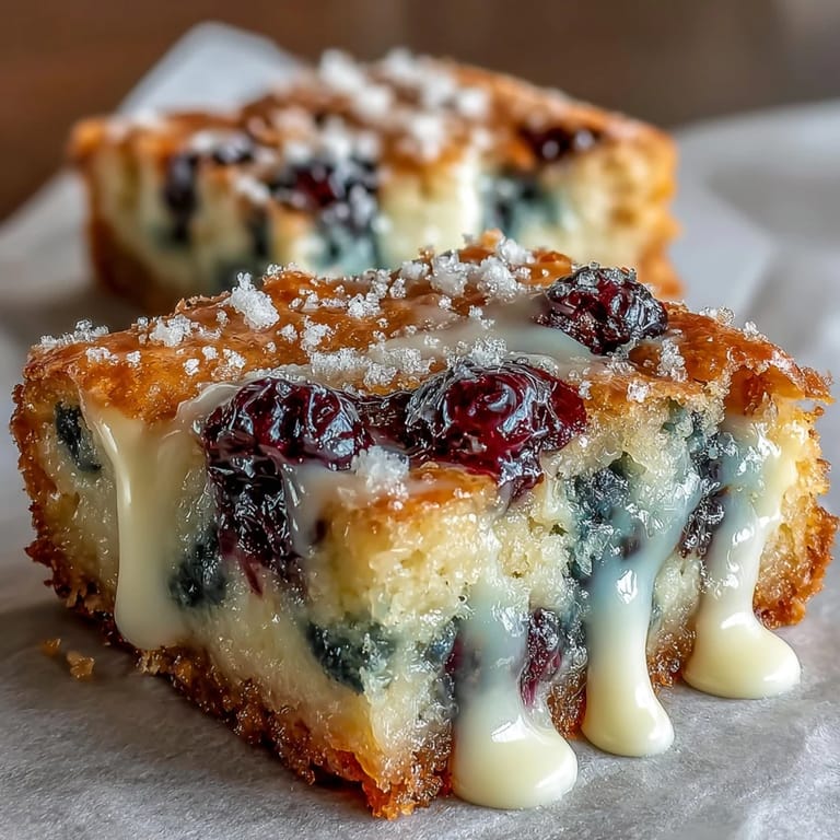 A pan of freshly baked White Chocolate Lemon Blueberry Blondies, ready to slice.