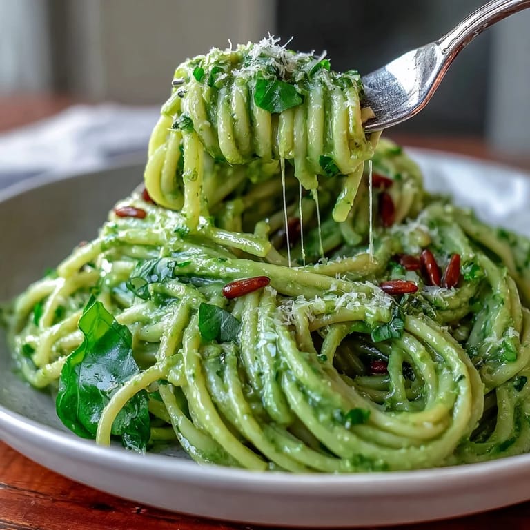 Vibrant green avocado pesto coats tender spaghetti for this quick meal.