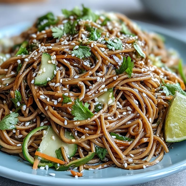 Enjoy this vibrant cold soba noodle salad, perfectly chilled with flavorful dressing.