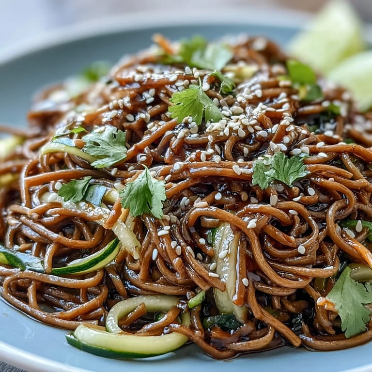 Refreshing cold soba noodle salad featuring colorful vegetables and nutty ginger dressing.