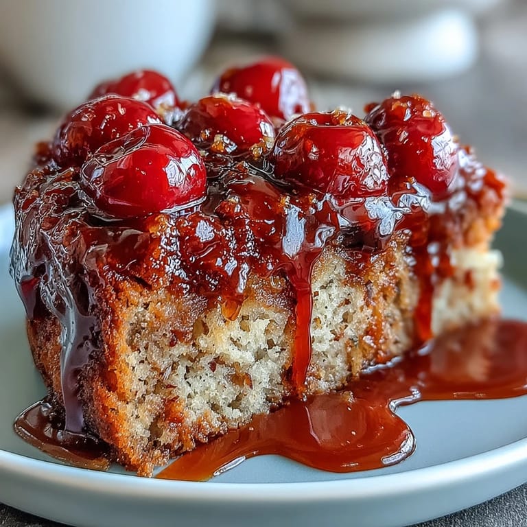 Caramelized topping crowns this delightful Cherry Almond Upside-Down Cake, ready for serving.