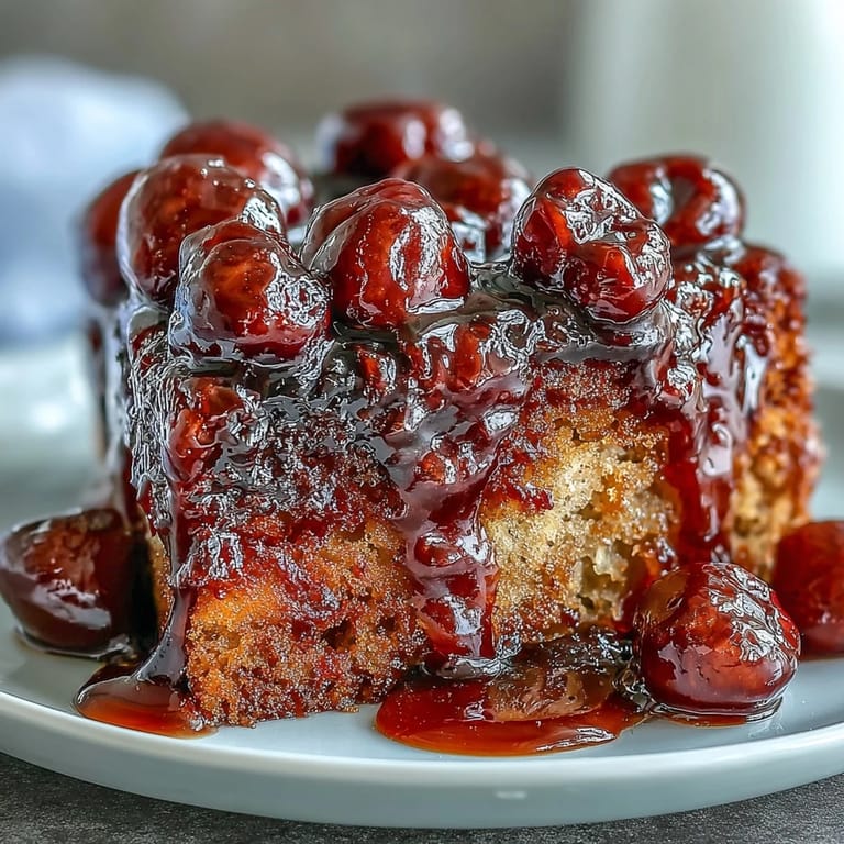Moist, fruity Cherry Almond Upside-Down Cake with golden caramelized cherries, a perfect dessert.