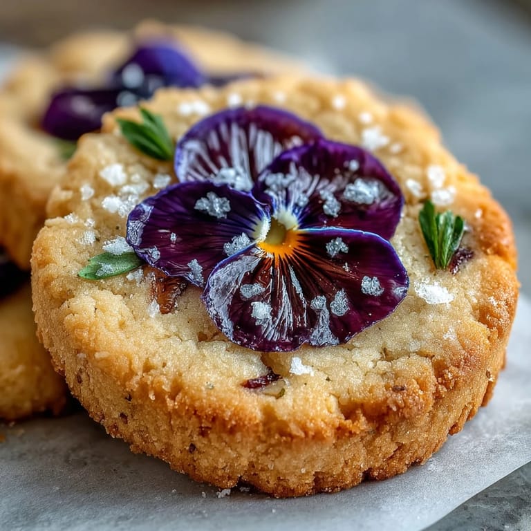 Buttery shortbread cookies with pressed edible flowers, offering a delicate and elegant treat for special occasions.  