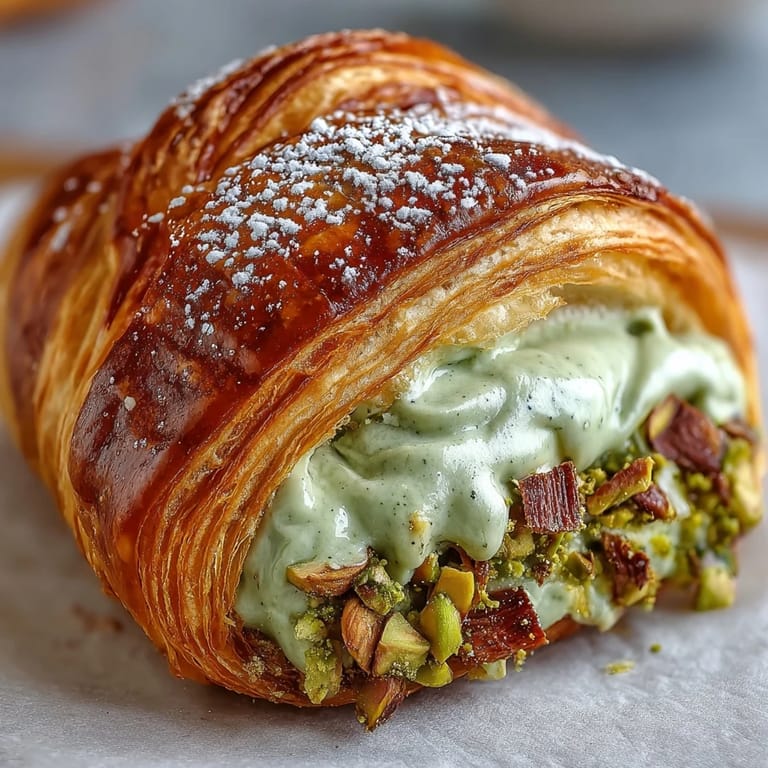 Rich, sweet pistachio cream oozing from a warm, buttery croissant, topped with chopped pistachios for crunch and elegance.