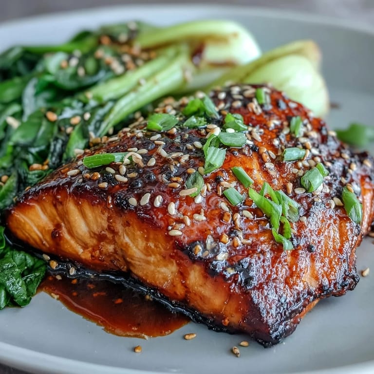 Savory Miso Glazed Salmon with tender, crisp Sesame Bok Choy, a colorful dinner plate.