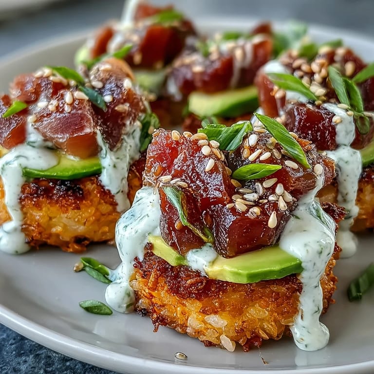 Viral appetizer of Spicy Tuna Crispy Rice Bites ready with avocado and a spicy drizzle.