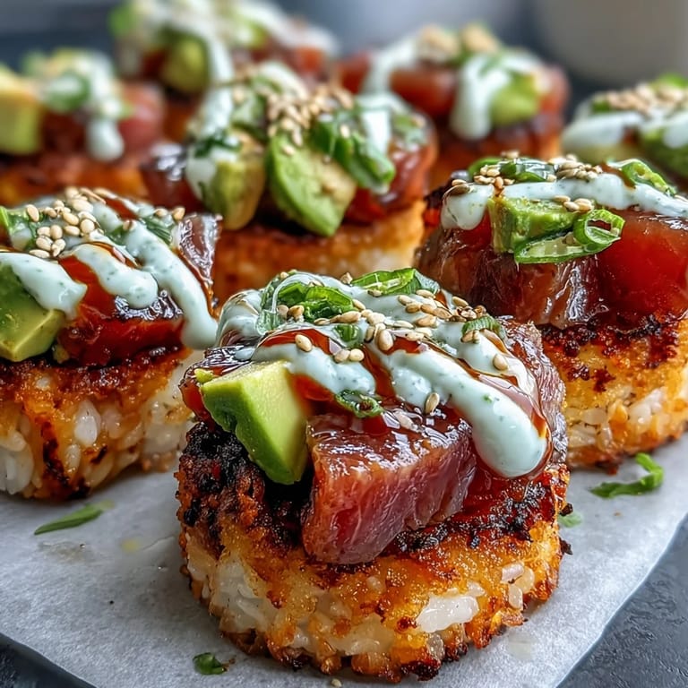 Enjoy Spicy Tuna Crispy Rice Bites, a party favorite with delightful textures.