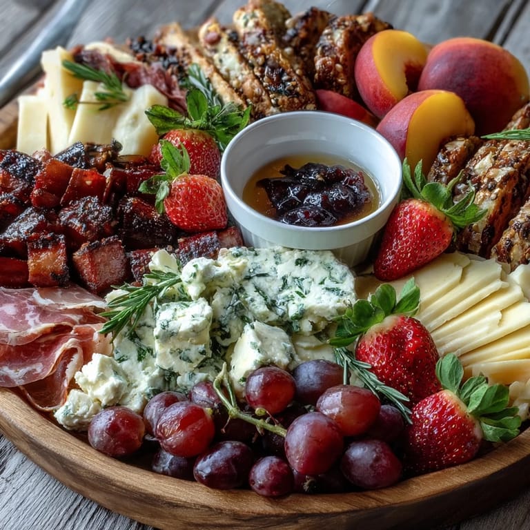 Enjoy this colorful Summer Charcuterie Board served with honey and nuts.