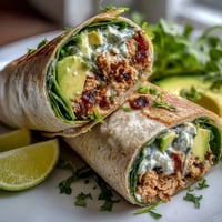 Healthy Easy 5-Ingredient Avocado Tuna Wraps with fresh spinach in whole wheat tortillas, perfect for quick lunches.  