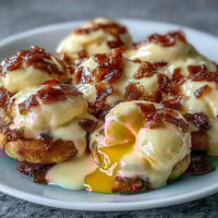 Classic Eggs Benedict with silky hollandaise sauce, poached eggs, and Canadian bacon on toasted English muffins for a luxurious brunch.