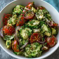 Vibrant cucumber tomato avocado salad with lemon dressing, showcasing colorful fresh vegetables and creamy avocado slices.  