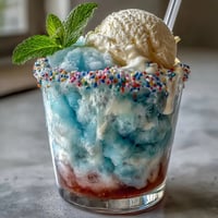 A tall glass filled with lemonade and melting vanilla ice cream, topped with fluffy pink cotton candy and a lemon slice.