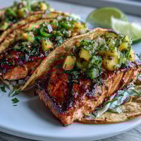 Grilled salmon tacos with mango salsa served on warm tortillas with shredded cabbage and lime wedges.  