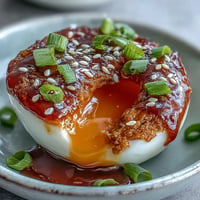 Spicy miso marinated eggs with a glossy, savory coating, perfect for ramen or snacking.