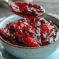 A jar of homemade cottagecore strawberry jam, glistening with fresh berries and vanilla, ready for morning toast or gifting.  