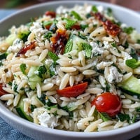Vibrant orzo salad with cucumber, feta, and lemon dressing, ready to serve.