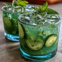 Green Detox Cucumber Mint Agua Fresca, bright green with mint garnish, refreshing.
