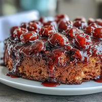 A glistening Cherry Almond Upside-Down Cake, fresh from the oven's warmth.