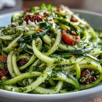 Fresh zucchini noodles tossed in vibrant basil pesto with juicy cherry tomatoes for a light, healthy meal.  