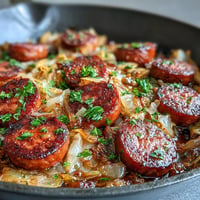 Hearty cabbage and sausage skillet with smoky kielbasa, tender cabbage, and tangy whole grain mustard.  