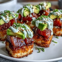 Spicy Tuna Crispy Rice Bites: Golden fried rice topped with vibrant, creamy spicy tuna.